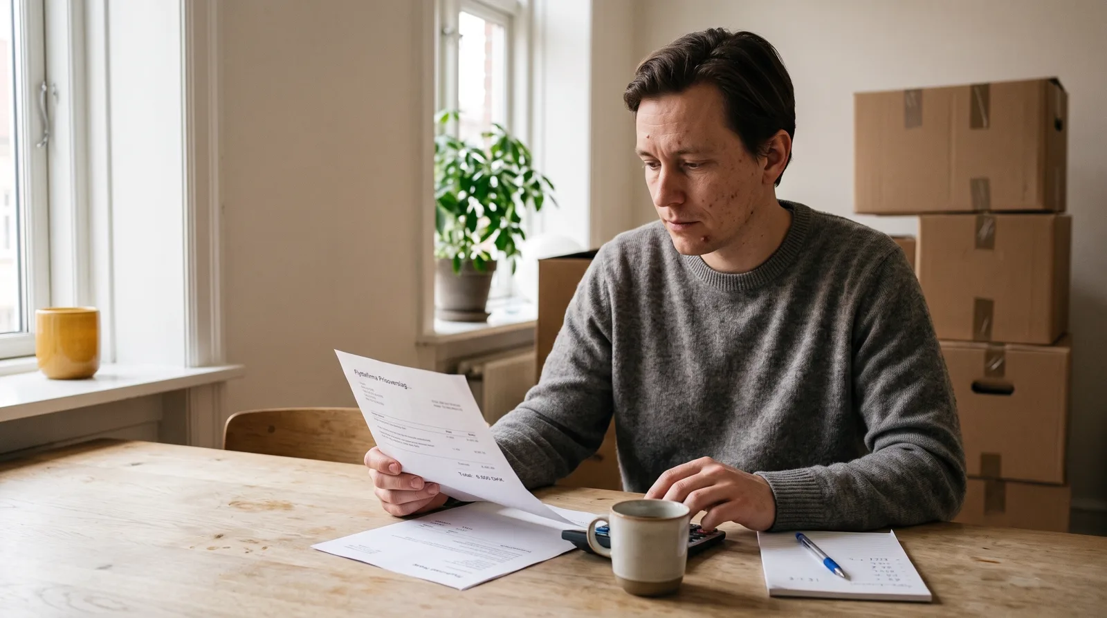 Person gennemgår et flyttetilbud fra et flyttefirma ved køkkenbordet med lommeregner og flyttekasser i baggrunden